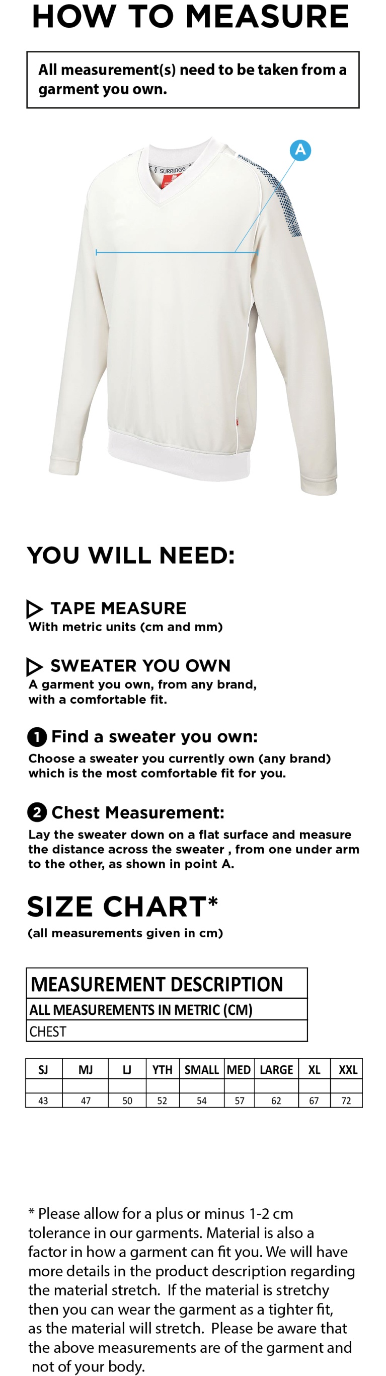 Wyre CC - Dual Long Sleeve Sweater - Size Guide