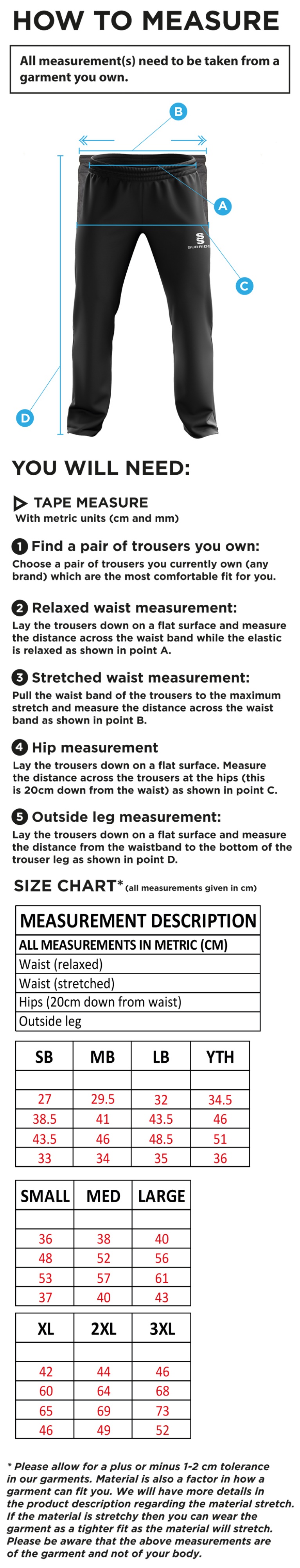 Wyre Cricket Club - Ripstop Track Pant - Size Guide