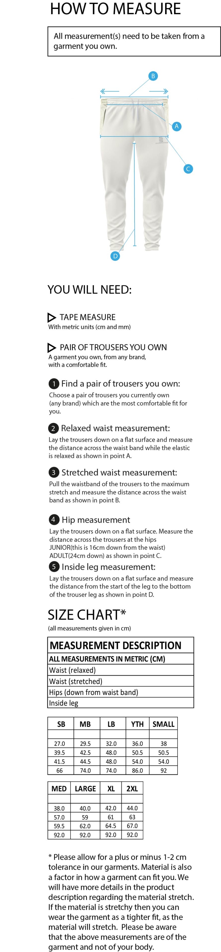 Wyre Cricket Club - Blade Playing Pants - Size Guide