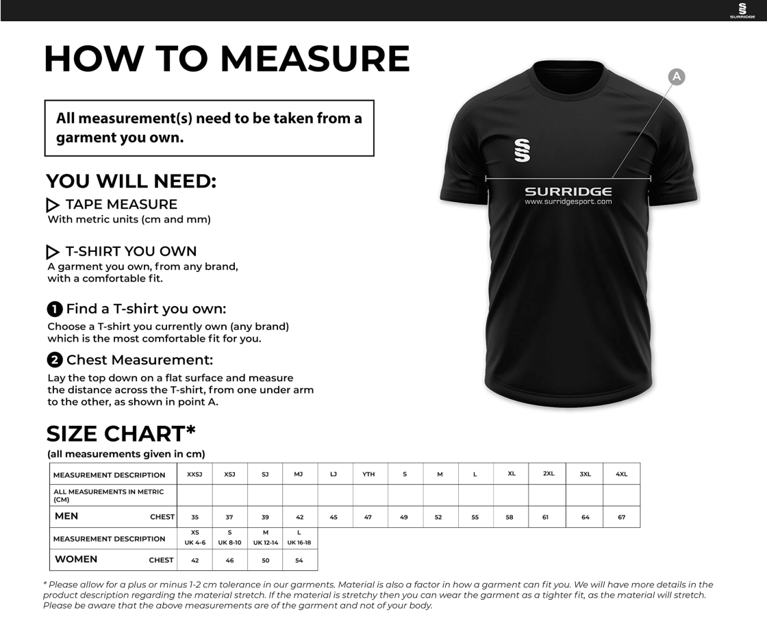 Wyre Cricket Club - Dual Games T-shirt - Size Guide