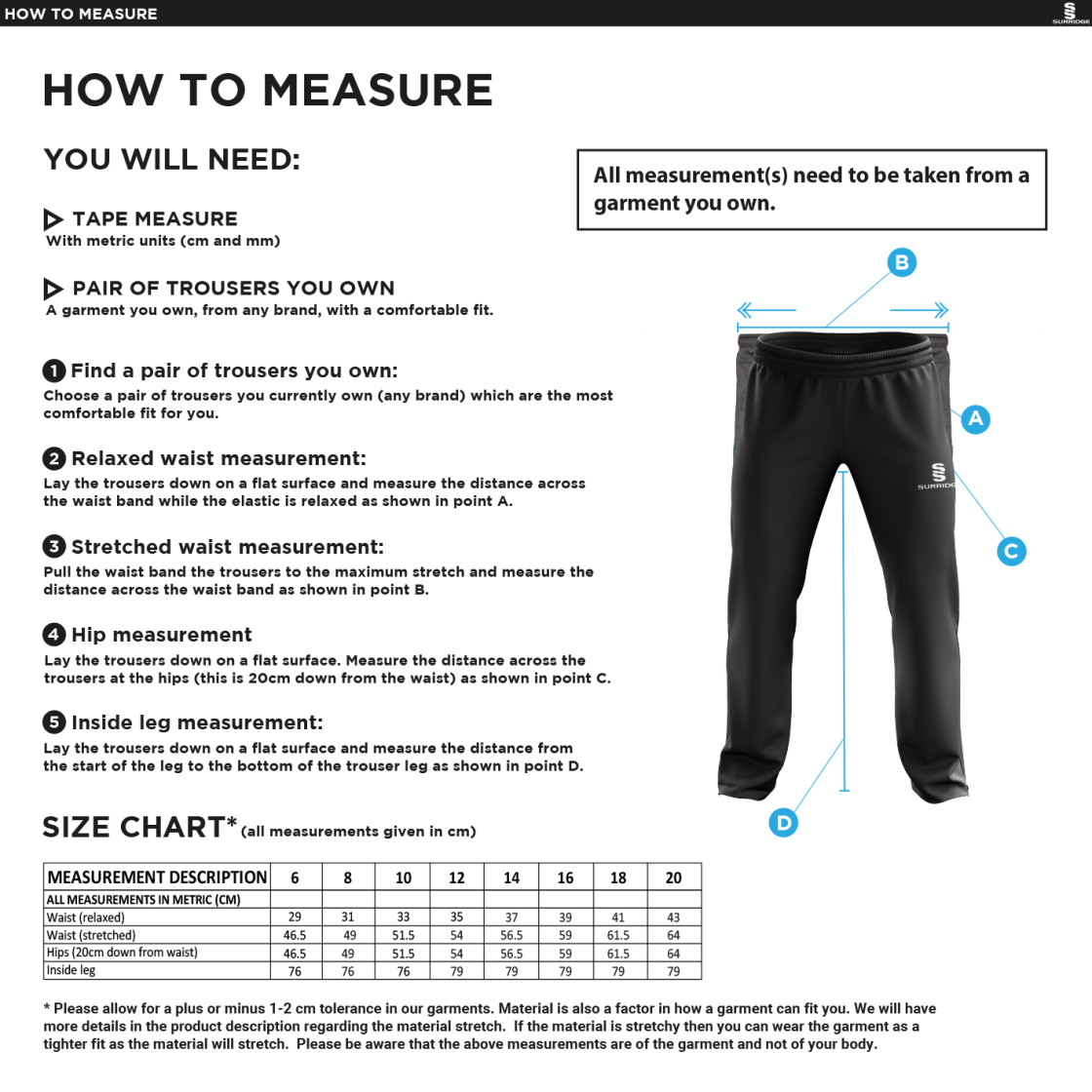 Wyre Cricket Club - Poplin Track Pant - Size Guide