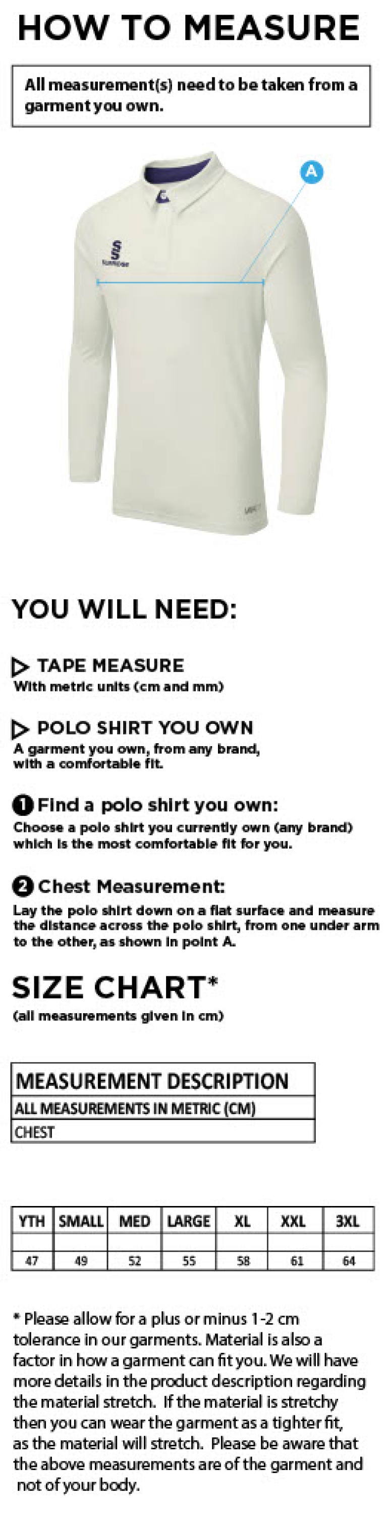 Wyre CC - Dual Cricket Shirt Long Sleeve - Size Guide