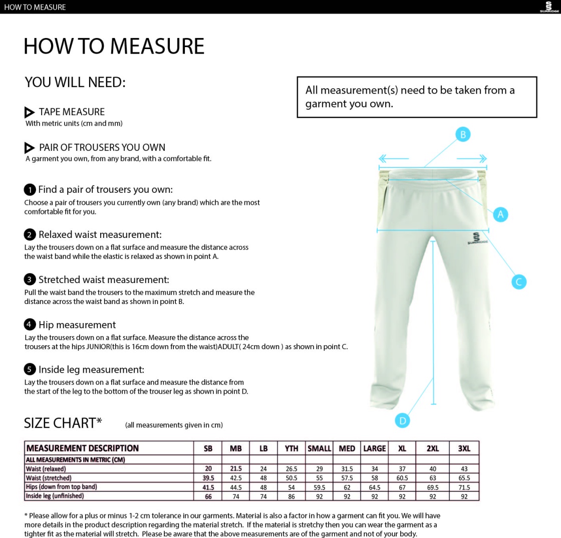 Wyre Cricket Club - Standard Playing Pant - Size Guide