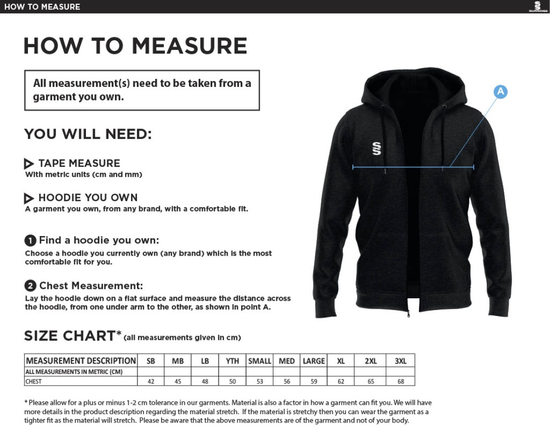 Wyre Cricket Club - Dual Full Zip Hoody - Size Guide