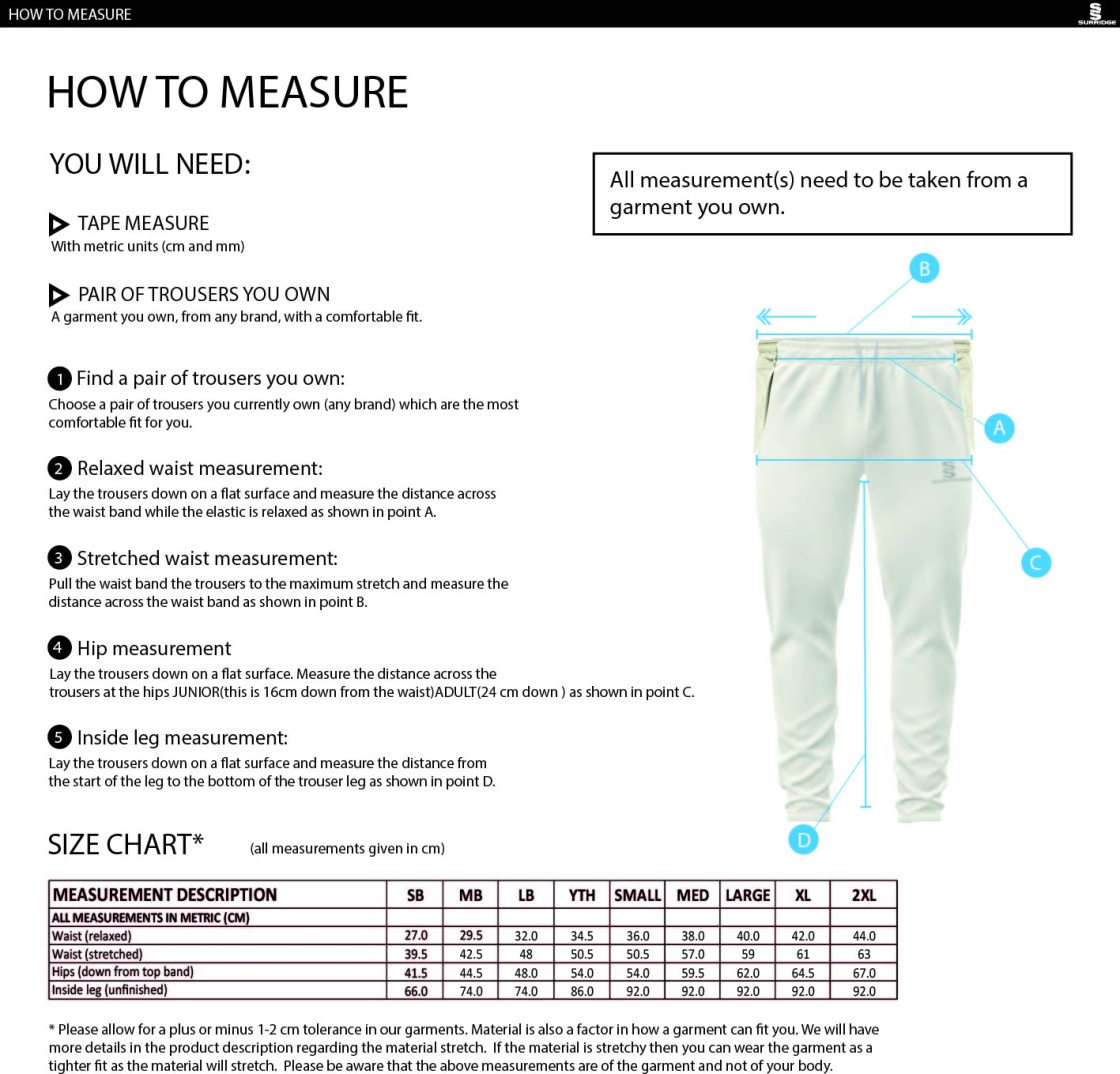 Wyre Cricket Club - Blade Playing Pants - Size Guide