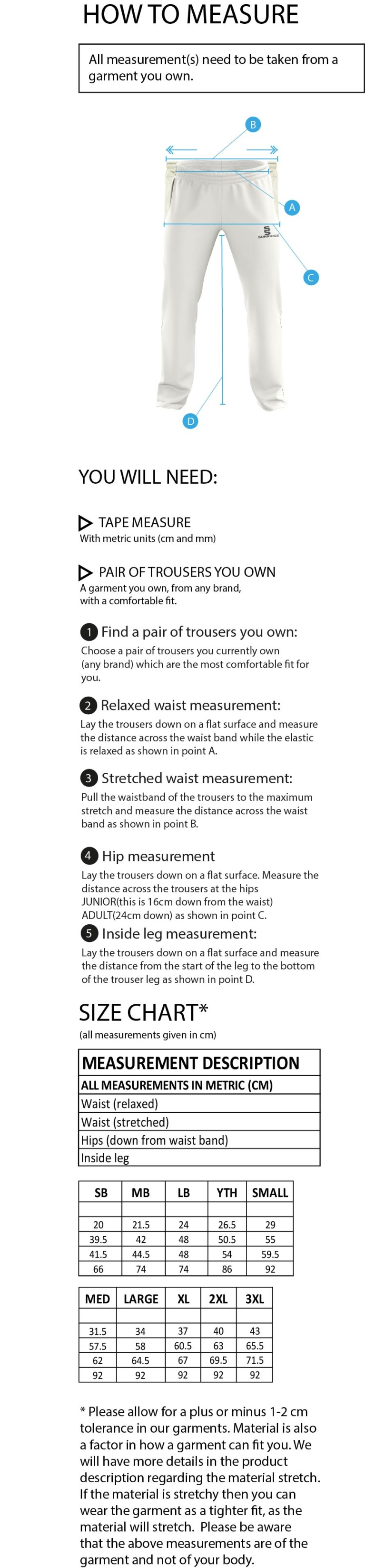 Wyre Cricket Club - Standard Playing Pant - Size Guide