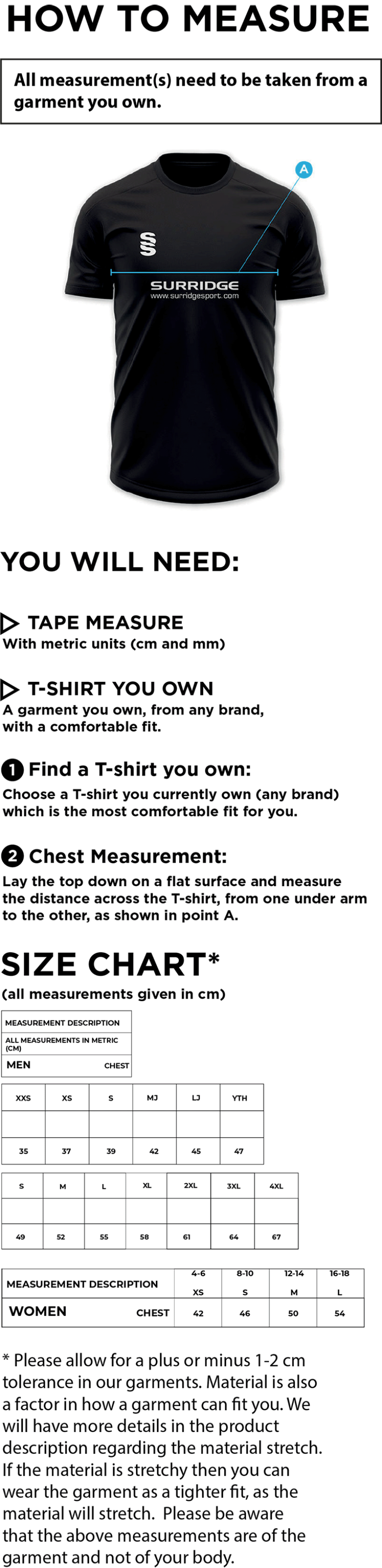 Wyre Cricket Club - Dual Games T-shirt - Size Guide
