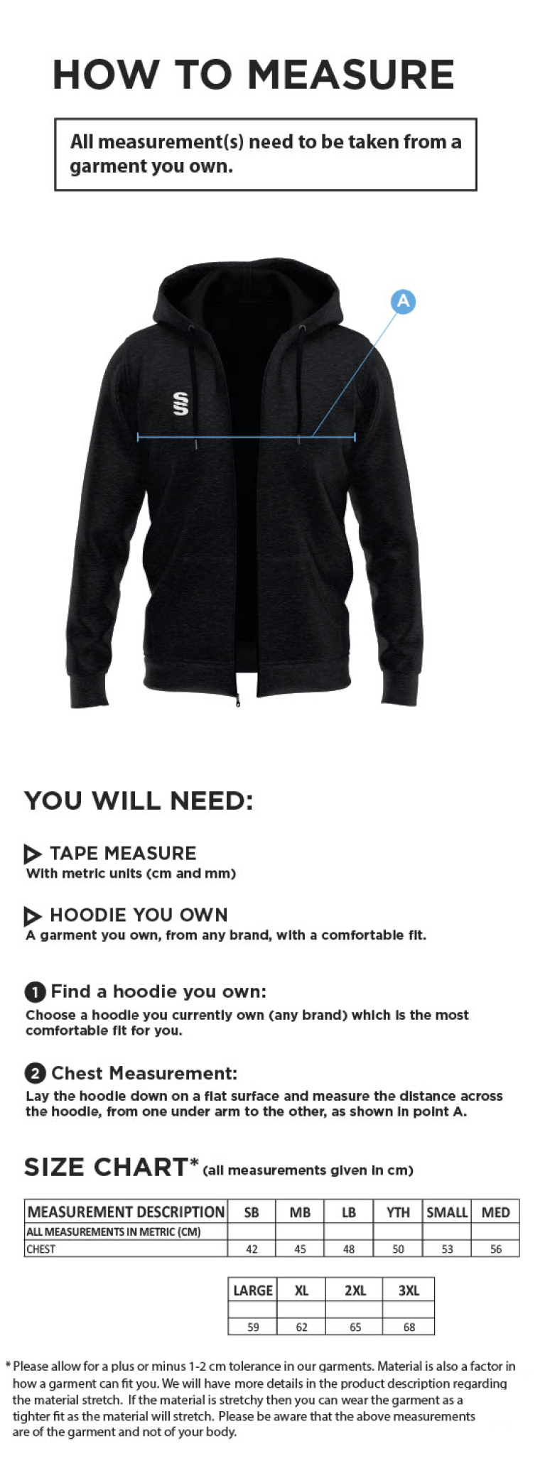 Wyre Cricket Club - Dual Full Zip Hoody - Size Guide