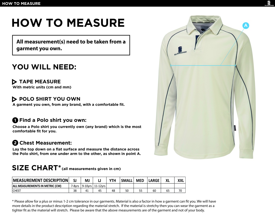Wyre Cricket Club - Premier Long Sleeve Shirt - Size Guide