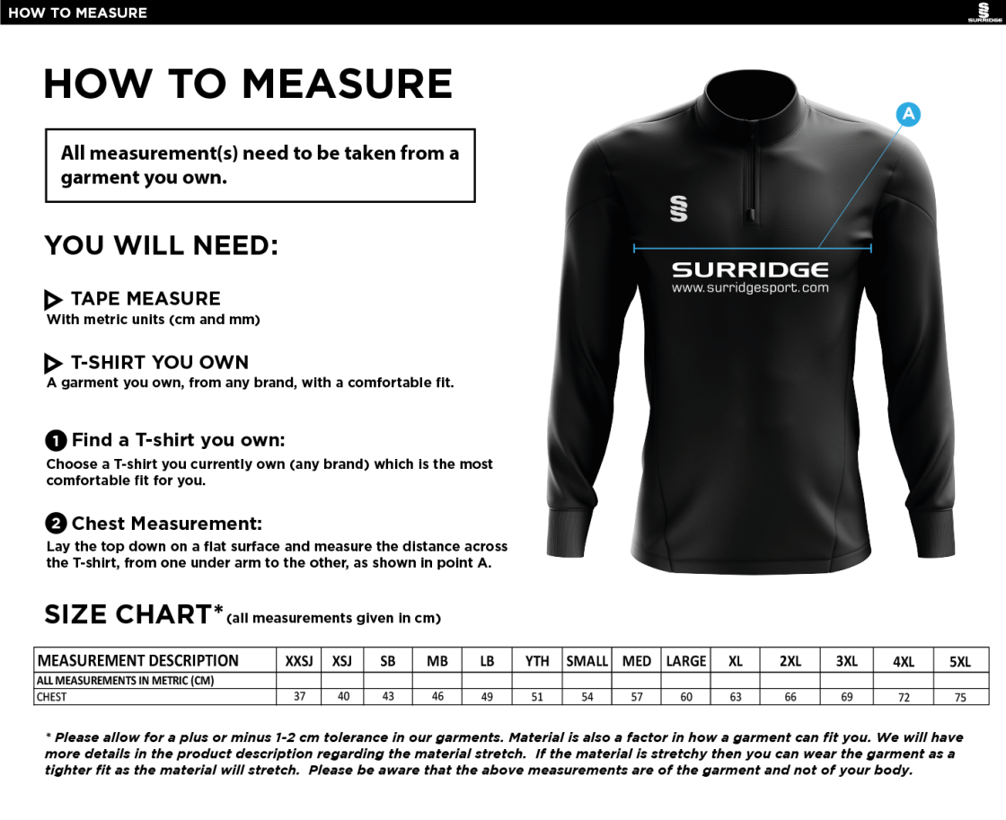 Wyre Cricket Club - Dual Performance Top - Size Guide