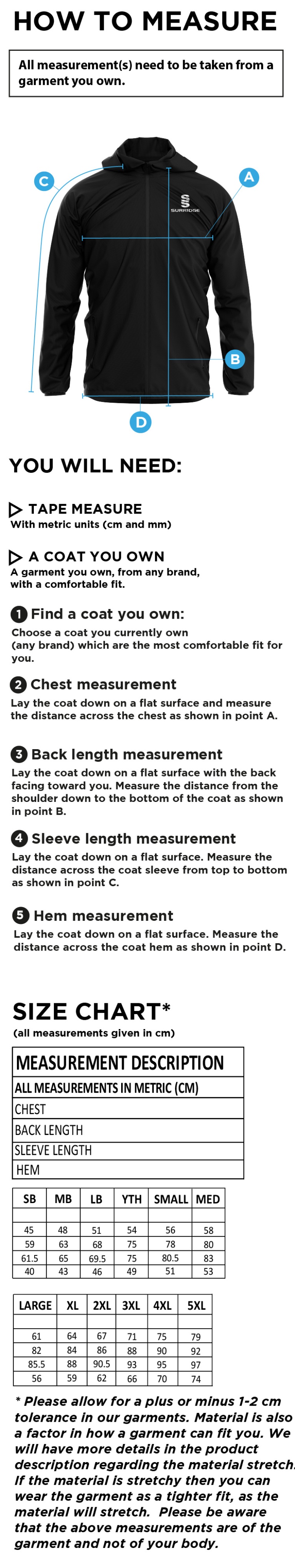 Wyre Cricket Club - Dual Full Zip Training Jacket - Size Guide