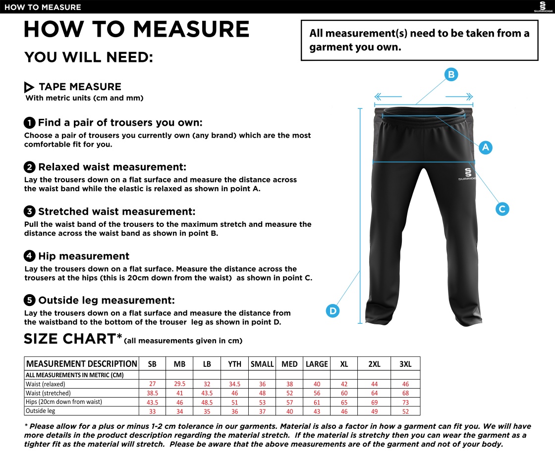 Wyre Cricket Club - Ripstop Track Pant - Size Guide