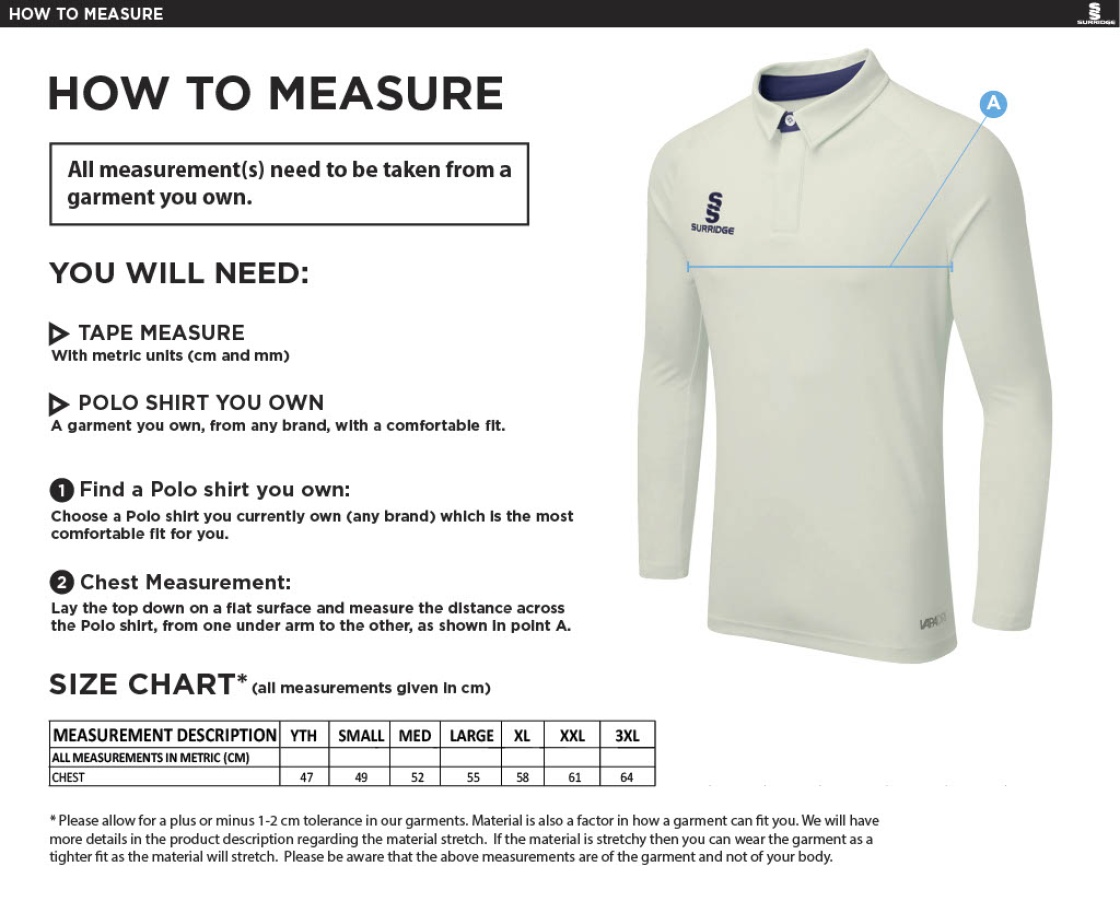 Wyre CC - Dual Cricket Shirt Long Sleeve - Size Guide