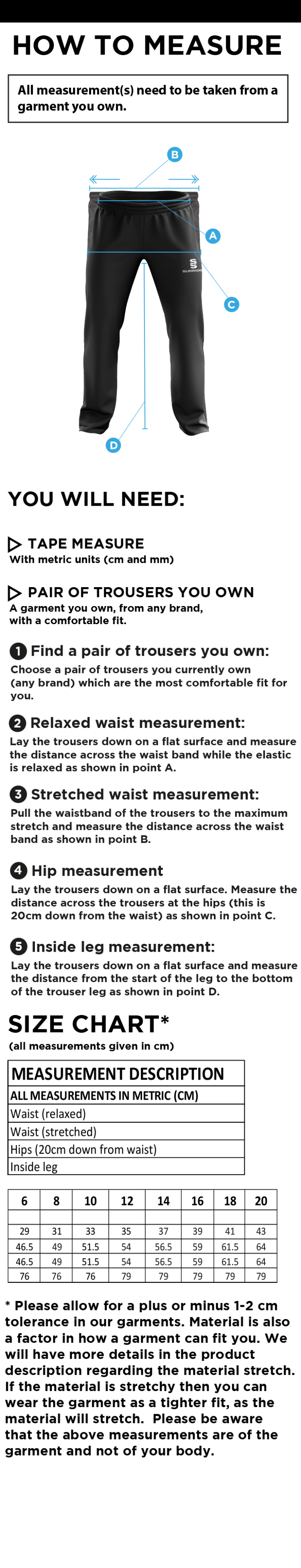 Wyre Cricket Club - Poplin Track Pant - Size Guide
