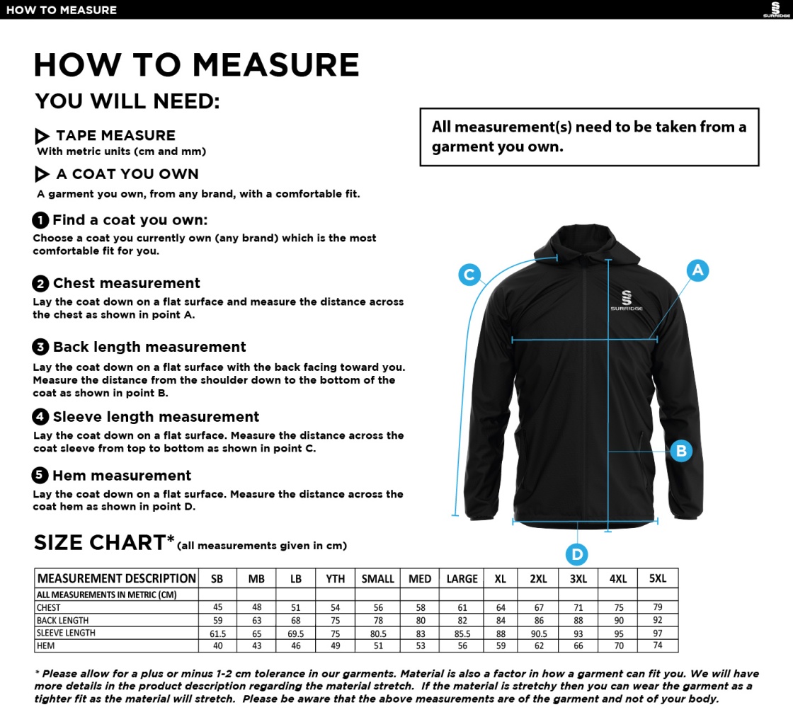Wyre Cricket Club - Dual Full Zip Training Jacket - Size Guide