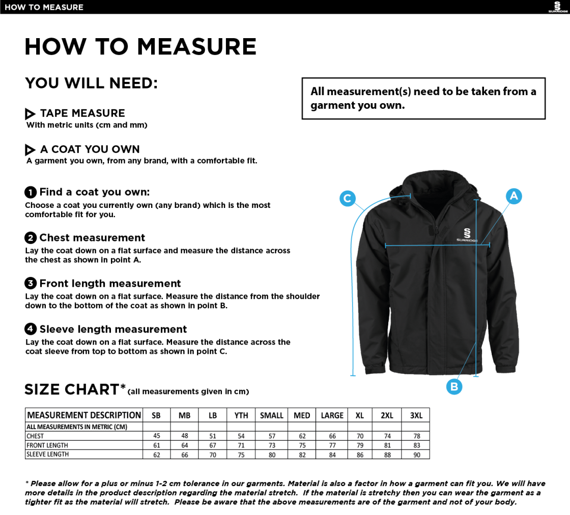 Wyre Cricket Club - Dual Fleece Lined Jacket - Size Guide