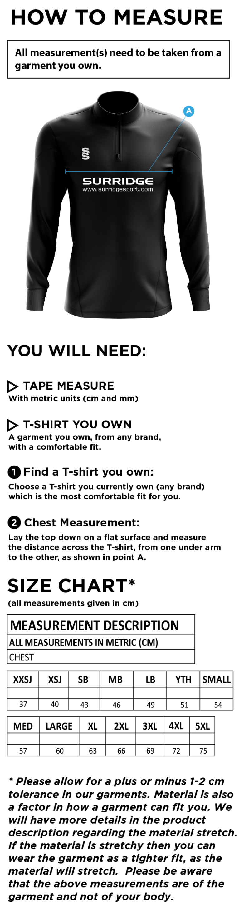 Wyre Cricket Club - Dual Performance Top - Size Guide