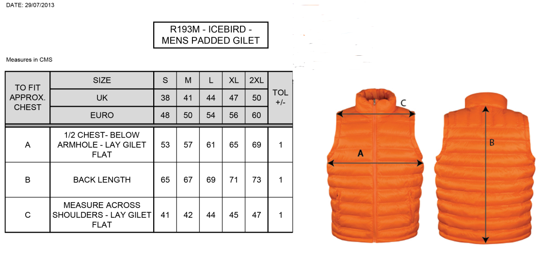 Wyre Cricket Club - Male Padded Gilet - Size Guide
