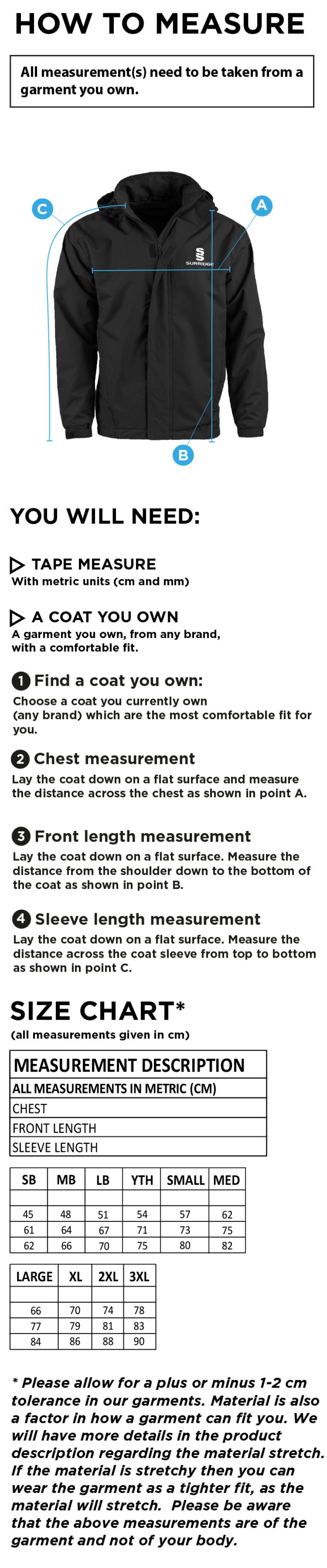 Wyre Cricket Club - Dual Fleece Lined Jacket - Size Guide