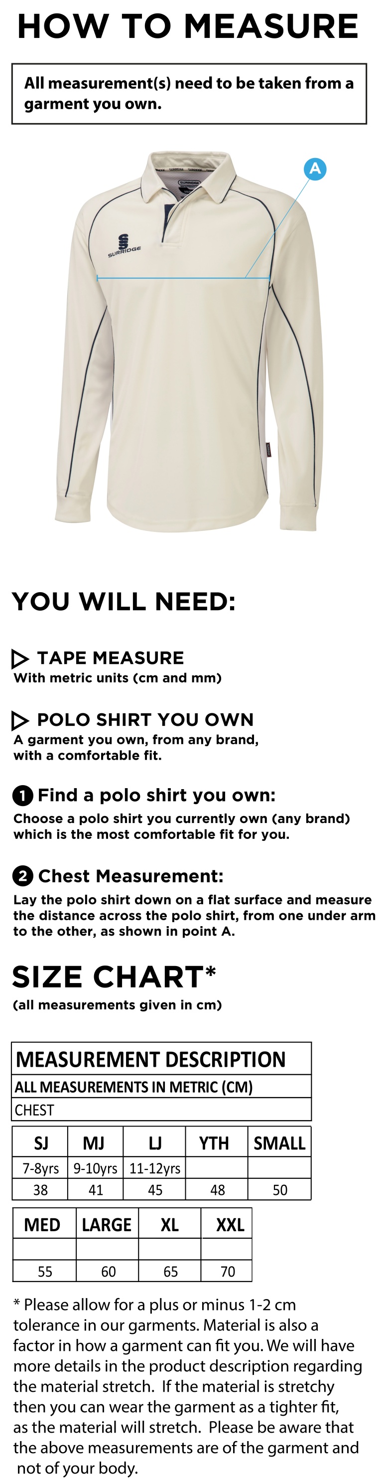 Wyre Cricket Club - Premier Long Sleeve Shirt - Size Guide